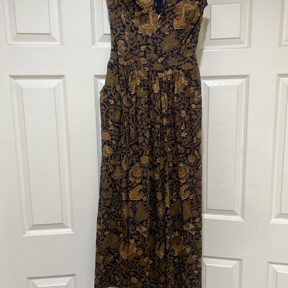 VNTG Claudine Bueché brown strapless floral cotton couchette pockets dress sz 10 - Picture 3 of 15